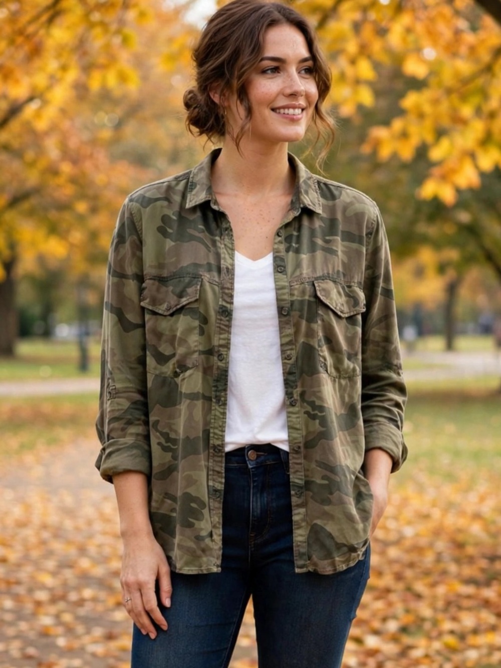 Dex Shirt Womens L Green Camo Button Down Chest Pockets Long Sleeve Casual Fall